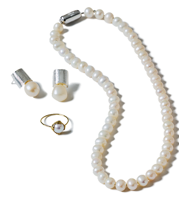 Pearl Necklace / Pearl Pierced Earrings / Pearl Square Ring